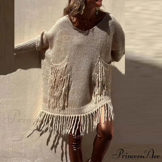 Vintage Casual Knitted Sweater Midi Dress KHAKI / S