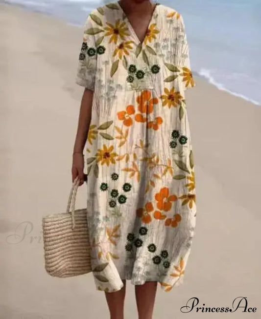 Vintage Circular Pattern Bohemian Flower Dress Orange / S oldfloraldress-250126