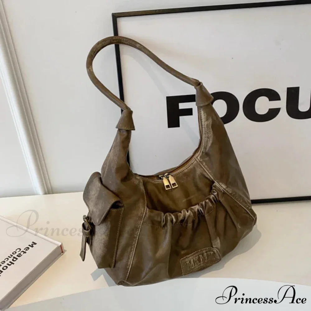 Vintage Cold Weather Leather Armpit Shoulder Bag Khaki shoulder-250126