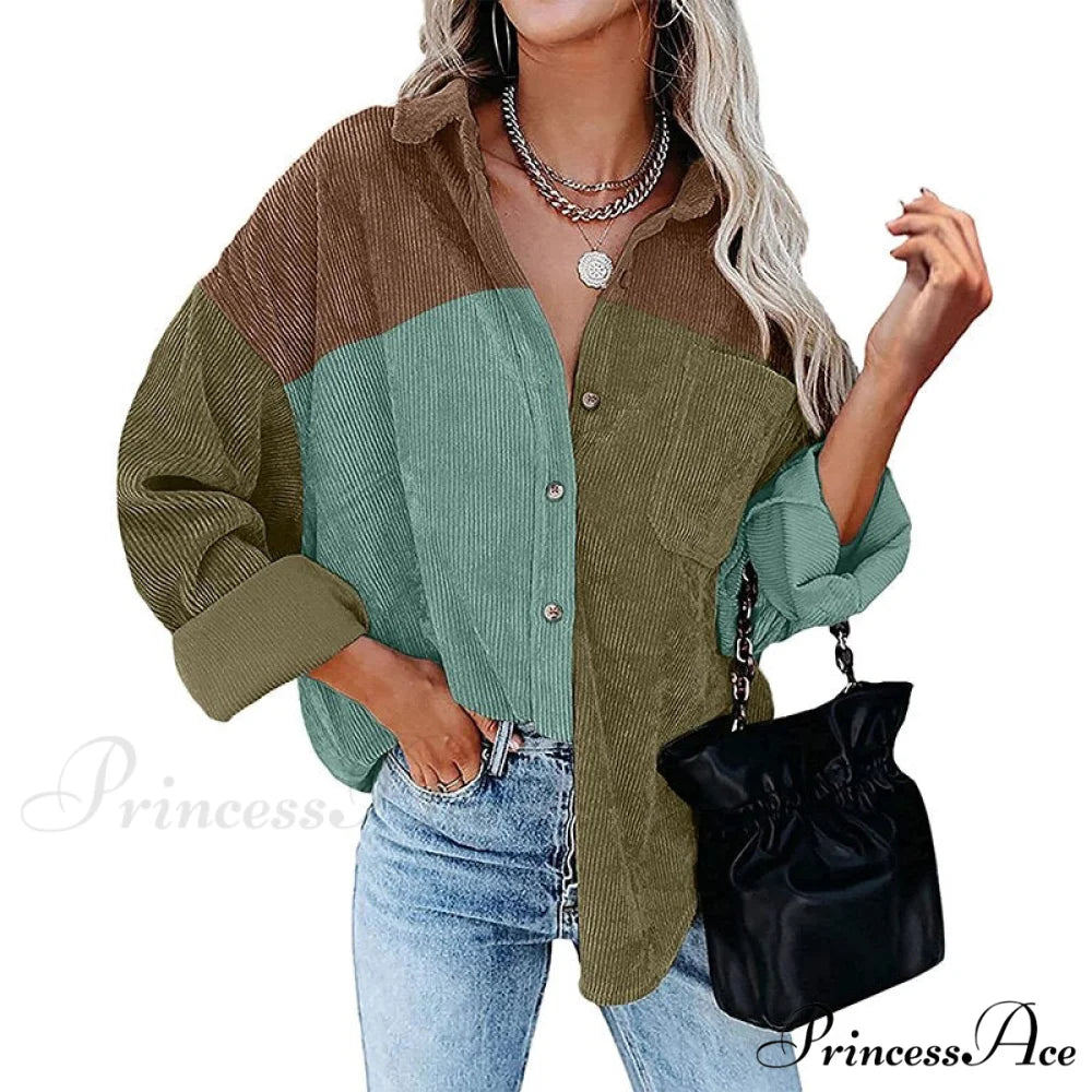 Vintage Color Block Patchwork Corduroy Shirt 11 / S