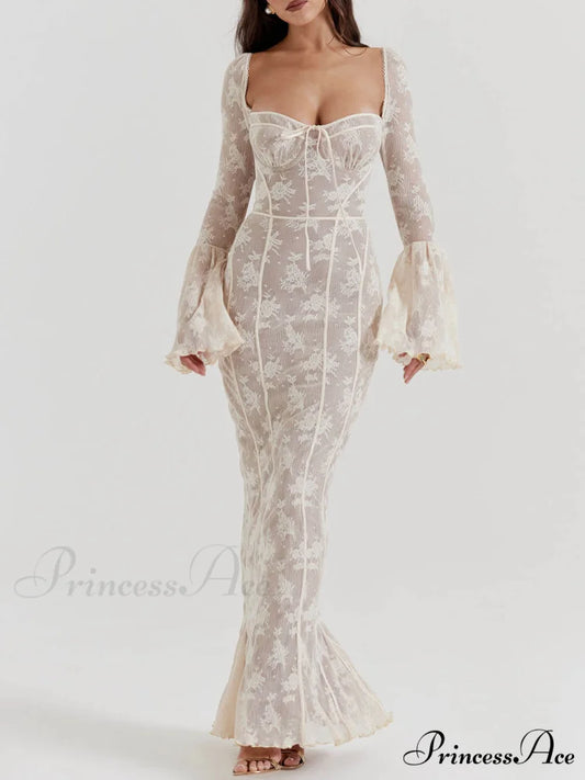 Vintage Cream Stylish Lace Maxi Dress White / S