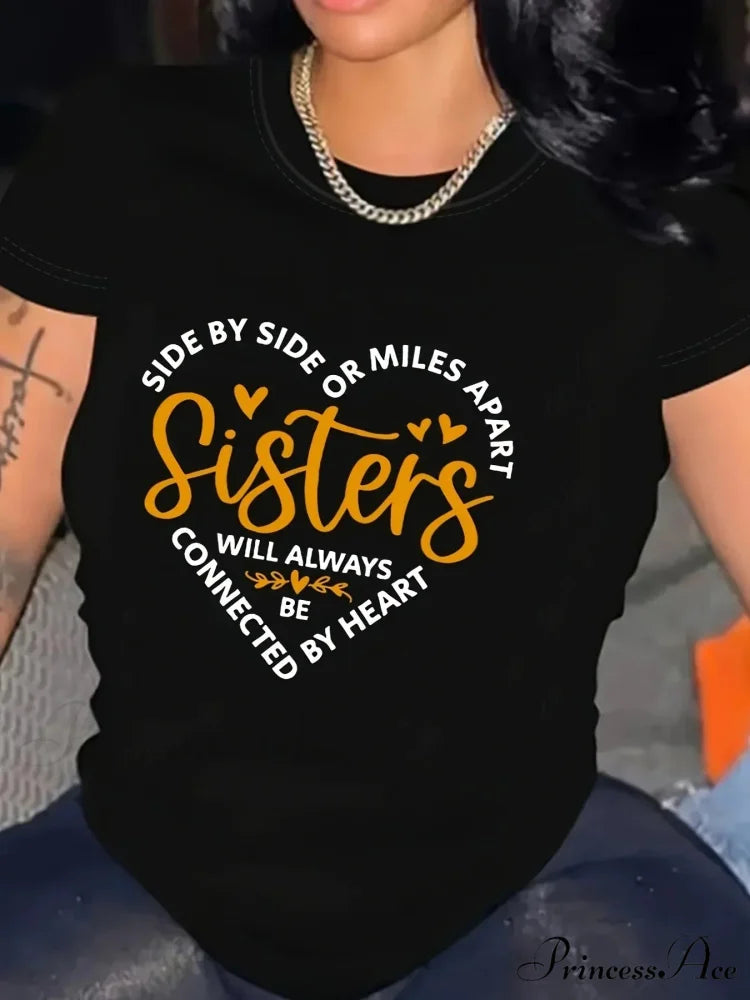 Vintage Crew Neck Short Sleeve Sisters Print Spring & Summer Women’s Clothing T-shirt BLACK / S