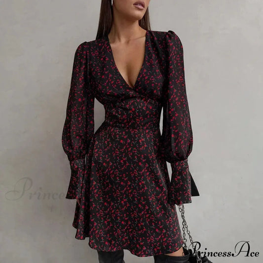 Vintage Deep V Extended-Sleeve Floral Dress floraldress-250126