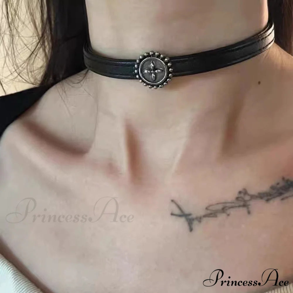 Vintage Distressed Black Leather Choker Necklace BLACK