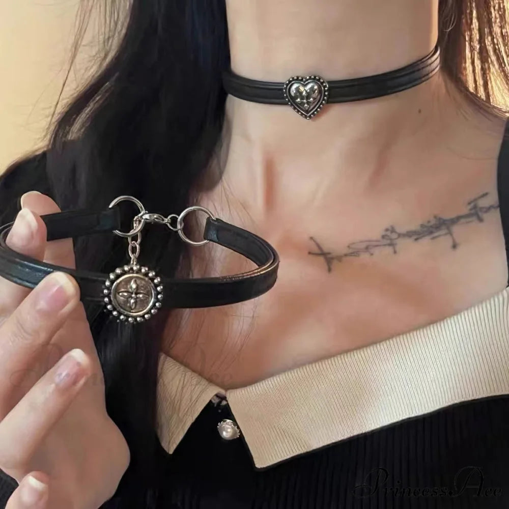Vintage Distressed Black Leather Choker Necklace BLACK
