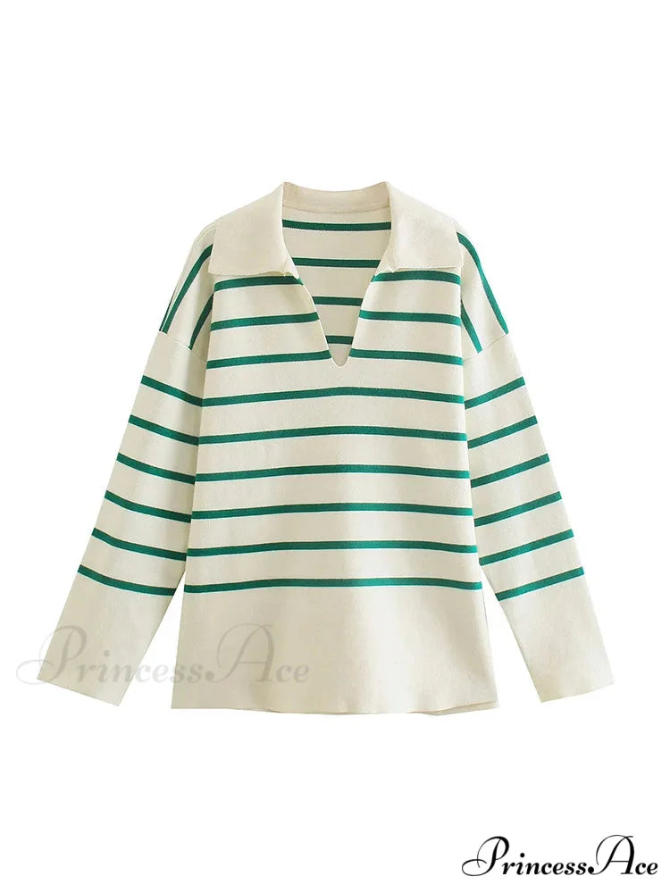 Vintage Elegant Striped Oversized Casual Loose Green Christmas Sweater biege / S