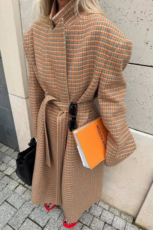 Vintage Elegant Warm Houndstooth Wool Blend Tie-Waist Overcoat