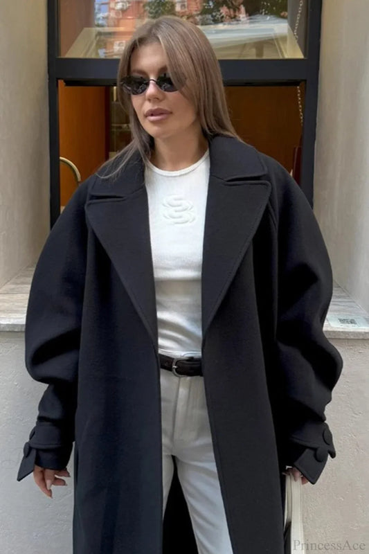 Vintage Elegant Wool Tie Waist Relaxed Overcoat