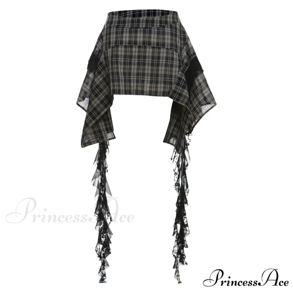 Vintage Fashion Women’s Irregular Plaid Ribbon Design 2024 Summer Trendy High Waist A-line Mini Skirt Black / S