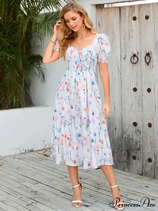 Vintage Floral Dress with Bubble Sleeves
