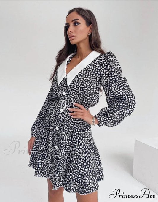 Vintage Floral Dress with Peter Pan Collar Sash Puff Sleeves A-Line Fit