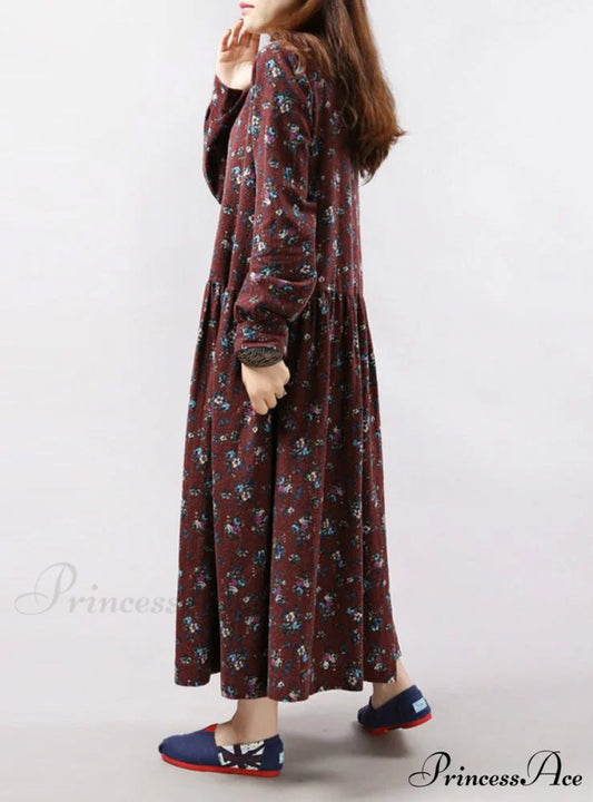 Vintage Floral Print Dress with Long Sleeves and O Neck for Women with Pockets M / Red