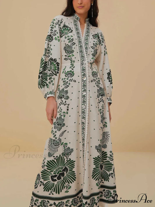 Vintage Floral Print Lantern Graceful Long Sleeve Midi Dress