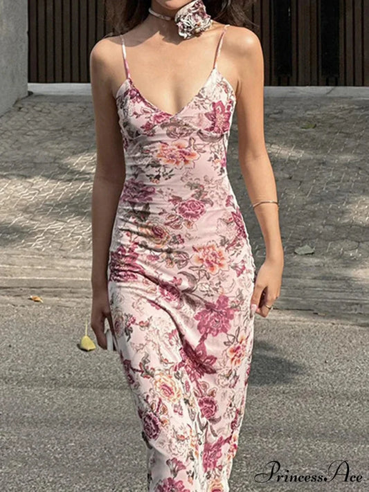 Vintage Flower Pattern Camisole Open-Back Wrap Flower Dress Pink / S floraldress-250126