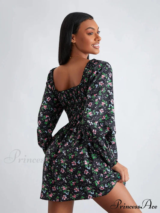 Vintage Flower Pattern Frilled Edge Square Neck Flared Short Flower Dress floraldress-250126