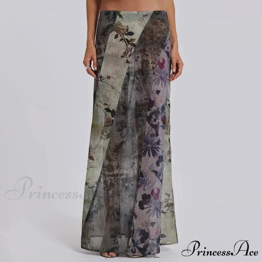 Vintage Flower Pattern Long Patchwork Mesh Low Cut Skirt skirt-250126