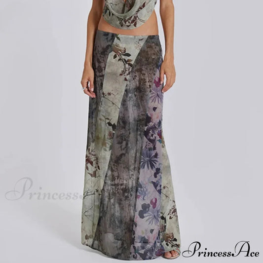 Vintage Flower Pattern Long Patchwork Mesh Low Cut Skirt as picture / S skirt-250126