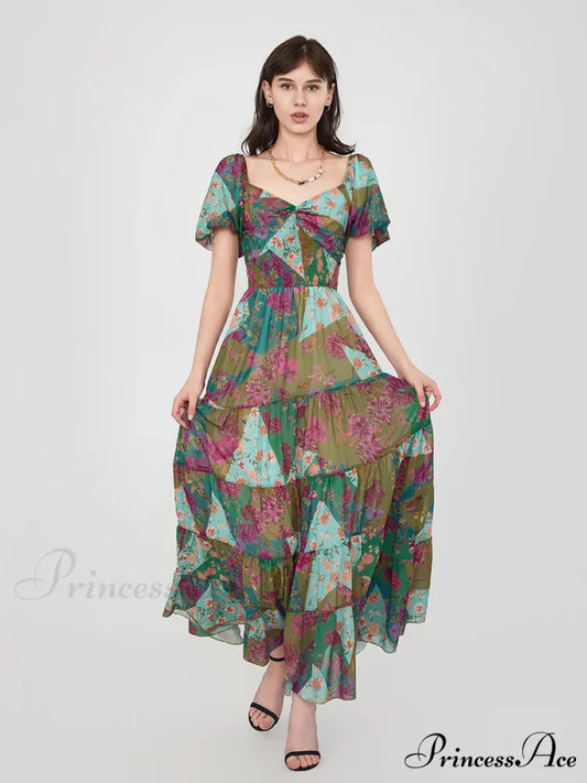 Vintage Flower Pattern Swing Puff Short Sleeve Sweetheart Neck A-Line Beach Dress GREEN1 / S floraldress-250126