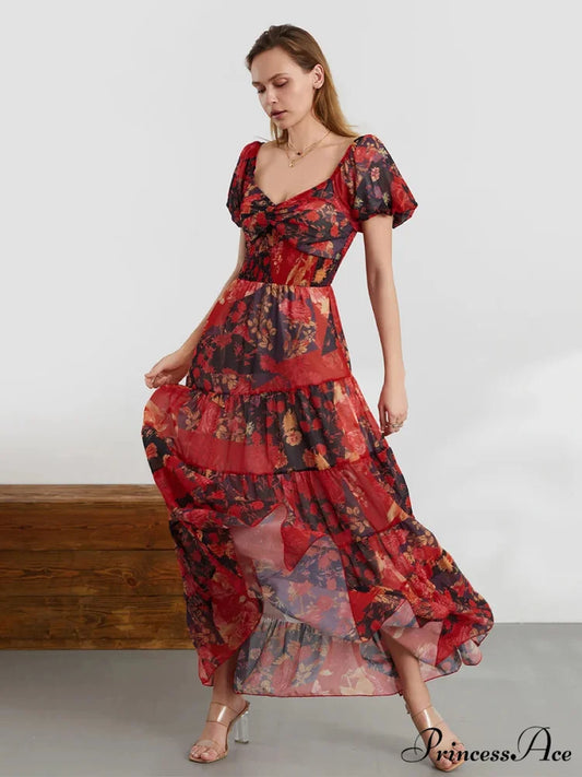 Vintage Flower Pattern Swing Puff Short Sleeve Sweetheart Neck A-Line Beach Dress RED2 / S floraldress-250126