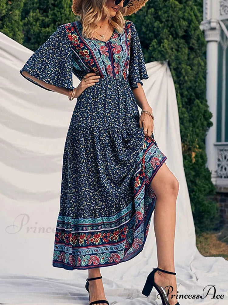 Vintage Flower Pattern V-neck Bohemian Sun Dress bohodress-250126