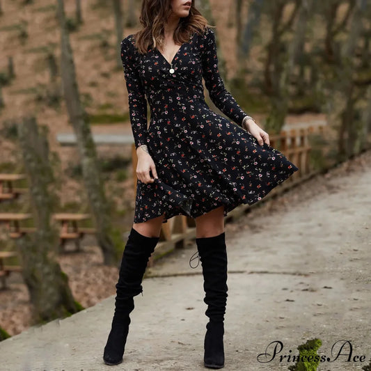 Vintage Flower Swing Midi Flower Dress Black / S oldfloraldress-250126