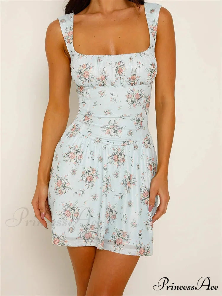 Vintage Gathered Flower Short Dress Blue / S minidress-250223
