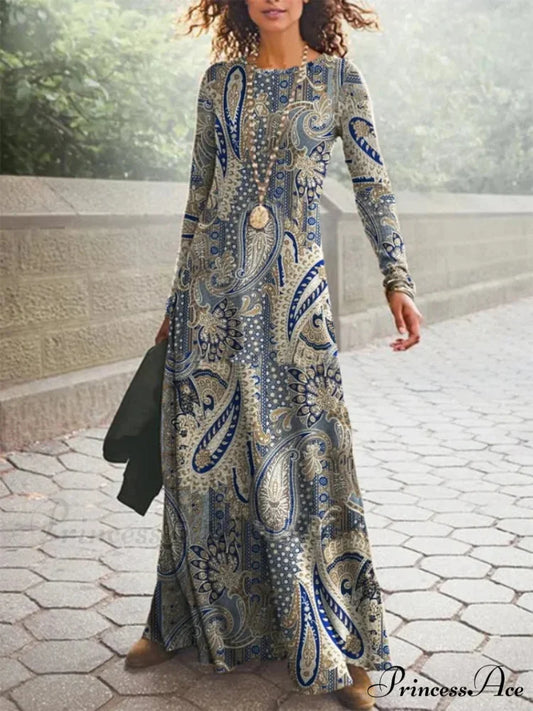 Vintage Geometric Print Long Sleeve Boho Dress Blue / S