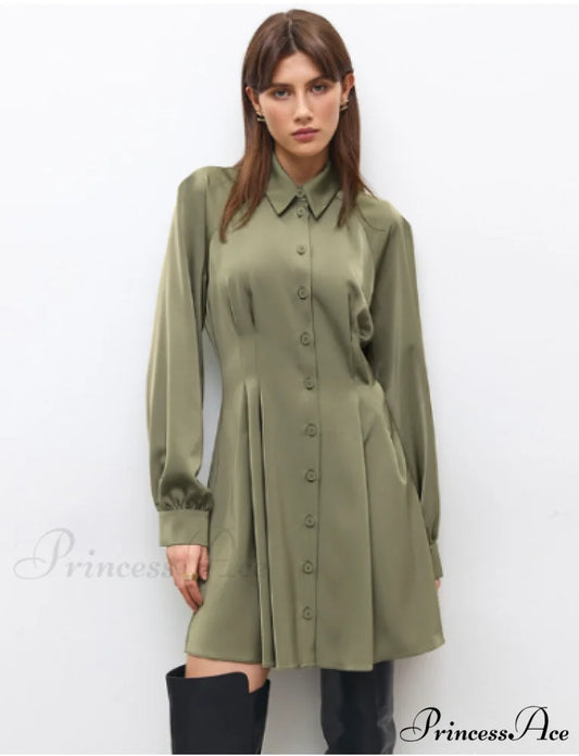 Vintage Green Office Long Sleeve Lapel Short Dress for Autumn S / GREEN