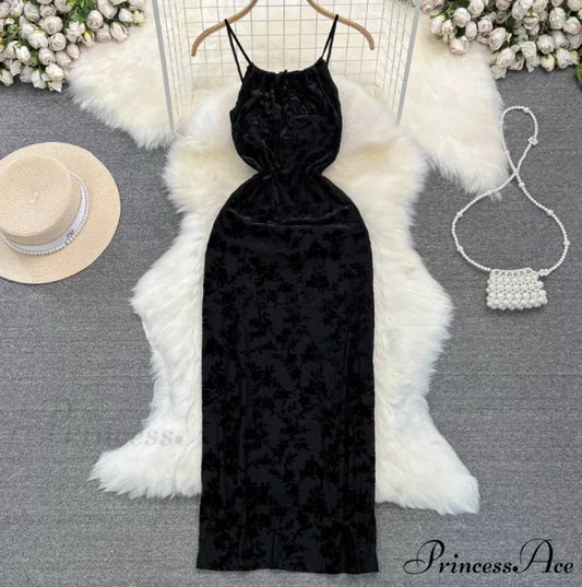 Vintage Green Velvet Burnt Flower Long Strap Backless Sleeveless Boho Christmas Party Dress Black / S