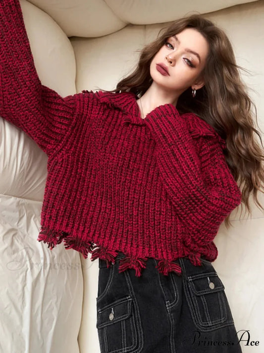 Vintage Harajuku Aesthetic Elegant Long Sleeves Red Pullover Christmas Sweater Red / S