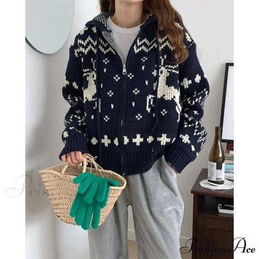 Vintage Hooded Jacquard Cardigan Navy Blue / One Size