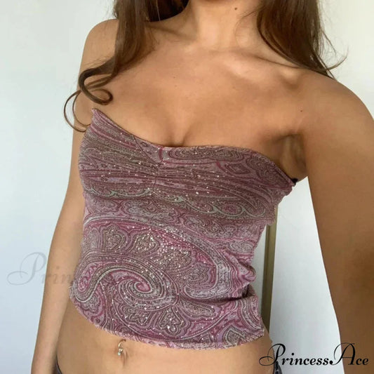 Vintage Independent Graphic Print Gathered Strapless Fairycore Antique Open-Back Crop Top PINK / S croptop-250126