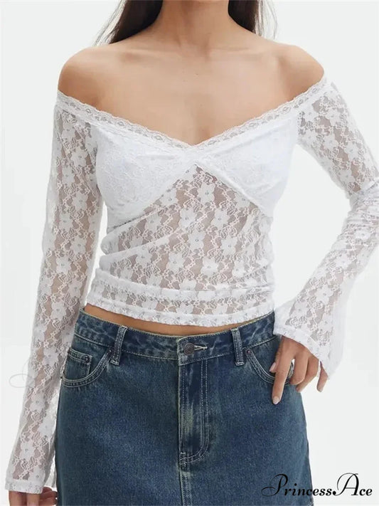 Vintage Lace Crop Tops Long Sleeve Off-Shoulder Casual Pullovers T-shirts WHITE / S