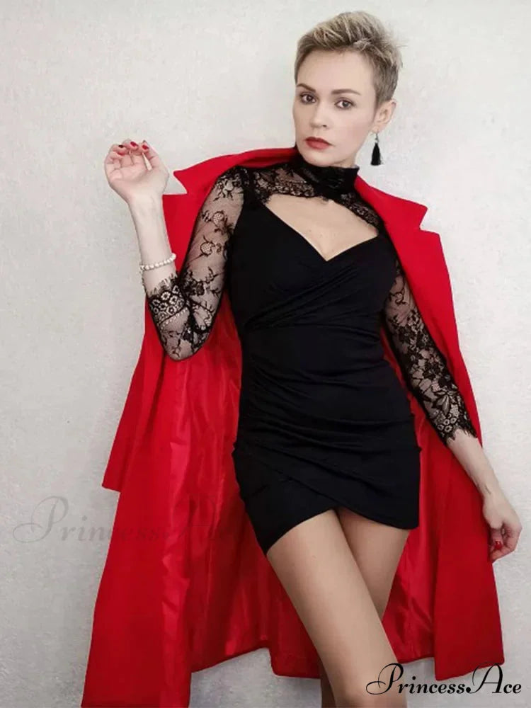 Vintage Lace Long Sleeve Bodycon Sexy Hollow Out Turtle Neck Gothic Mini Dress Black / S