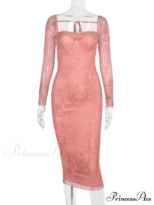 Vintage Lace Print Autumn Long Sleeve Slim Lace Up Backless Femme Bodycon Dress Pink / S