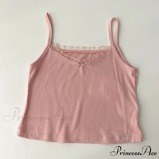 Vintage Lace Slim Cute Tops Pink / One Size