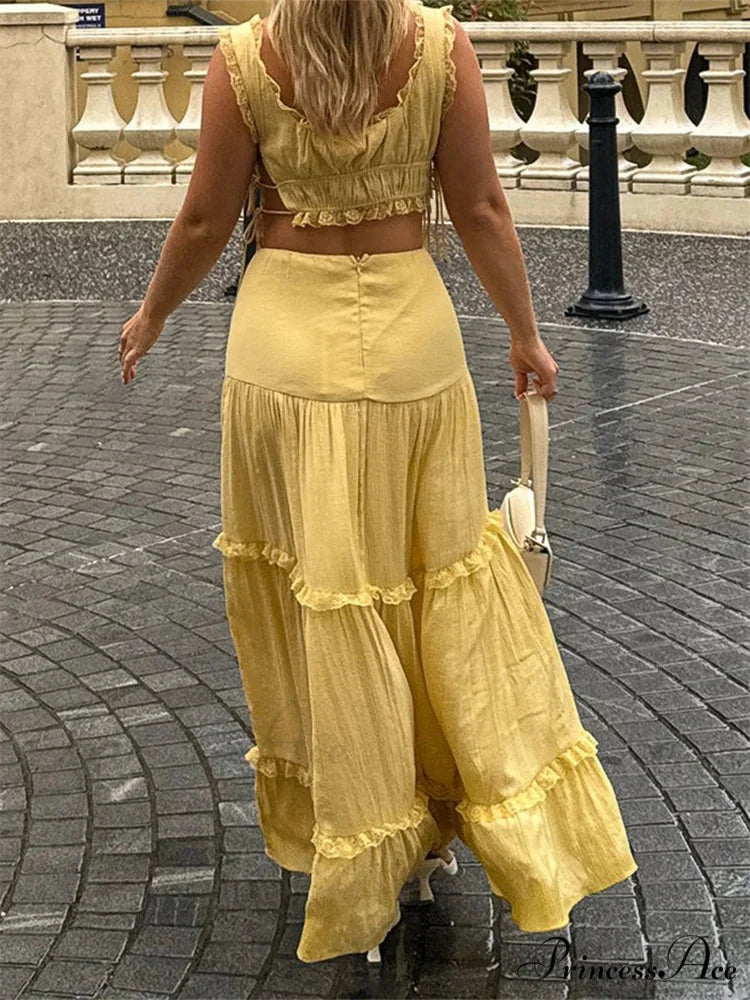 Vintage Lace Trim Sleeveless Square Neck Tank Crop Top with Long Skirt Set twopiecesset-250126