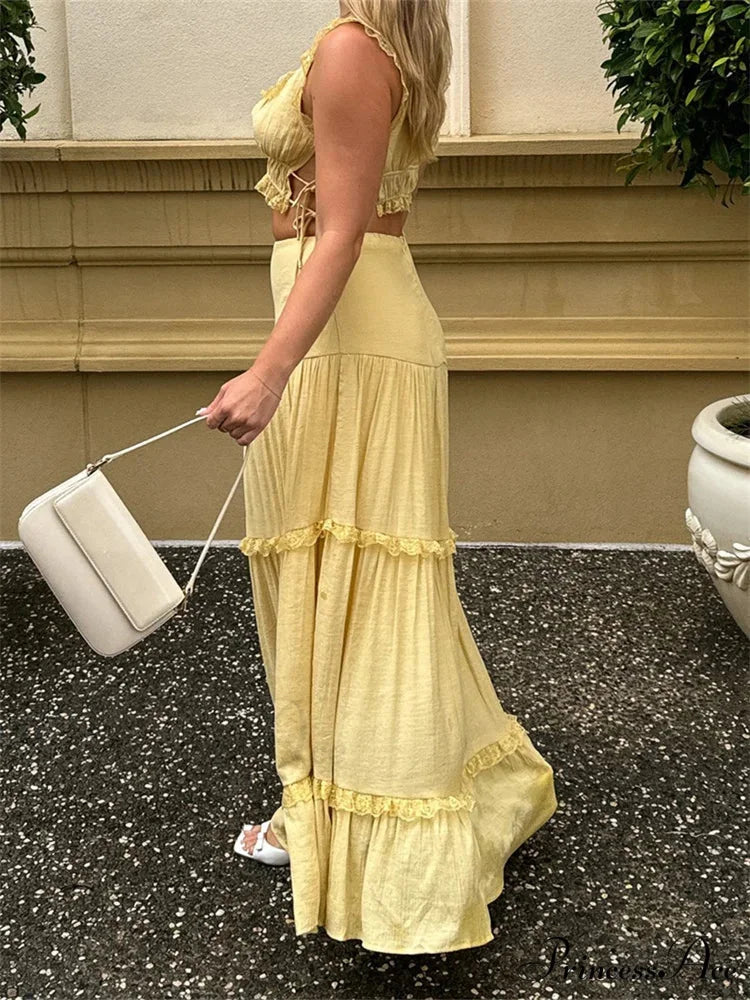 Vintage Lace Trim Sleeveless Square Neck Tank Crop Top with Long Skirt Set twopiecesset-250126
