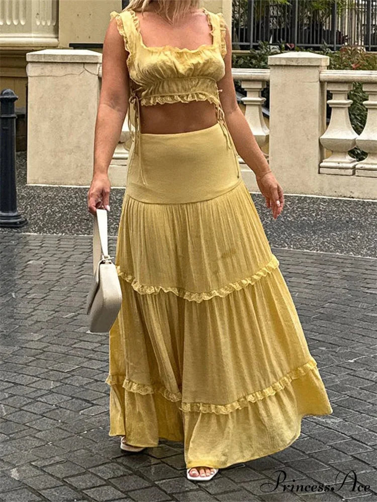 Vintage Lace Trim Sleeveless Square Neck Tank Crop Top with Long Skirt Set twopiecesset-250126
