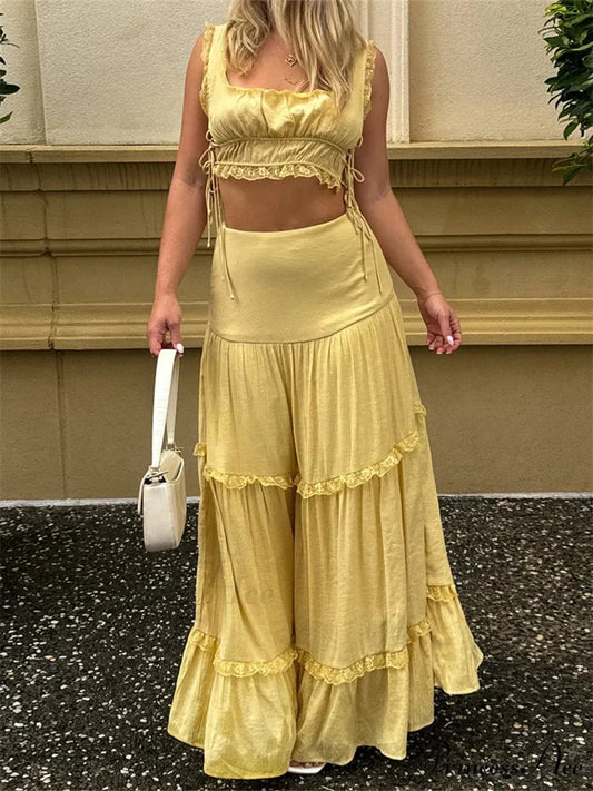 Vintage Lace Trim Sleeveless Square Neck Tank Crop Top with Long Skirt Set YELLOW / S twopiecesset-250126