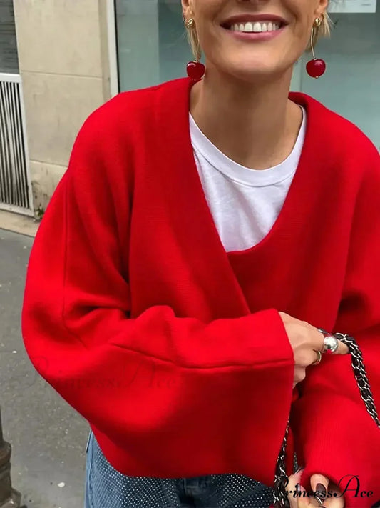 Vintage Loose Casual V Neck Long Sleeve Pullover Christmas Sweater