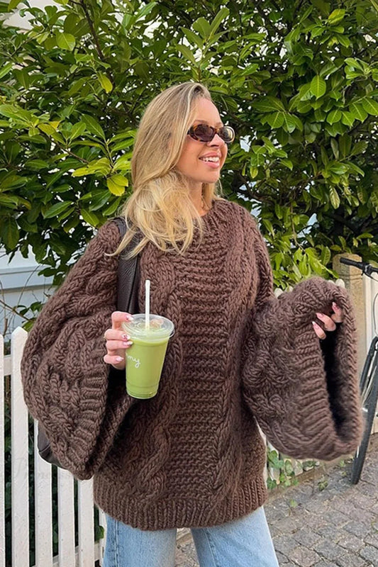 Vintage Loose Comfortable Crew Neck Wide Sleeve Cable Sweater