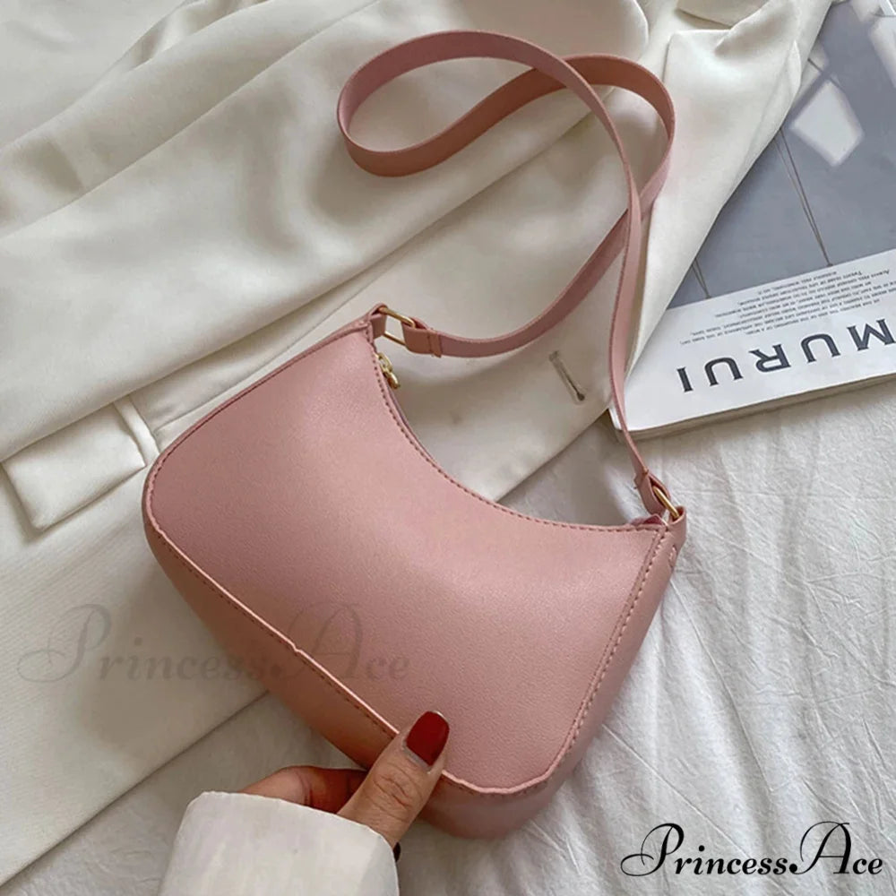 Vintage Monochromatic Faux Leather Underarm Bag Pink / 20x14x5cm shoulder-250126