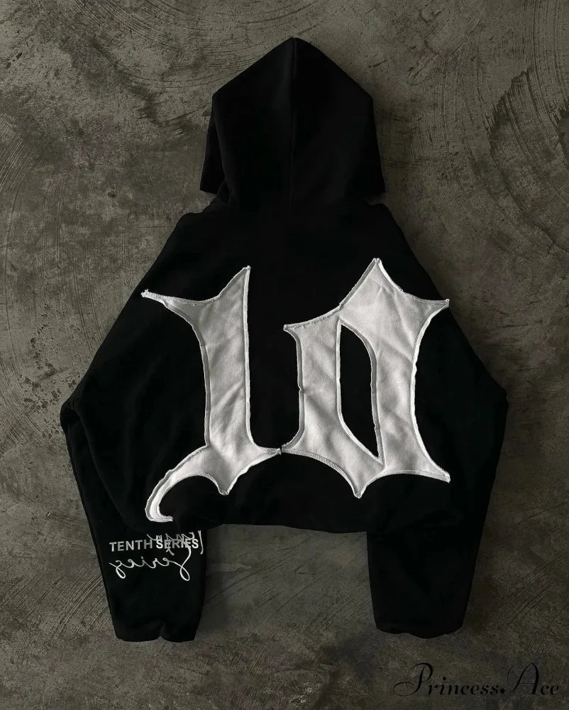 Vintage Patch Dark Cotton Hoodie hoodies-241228