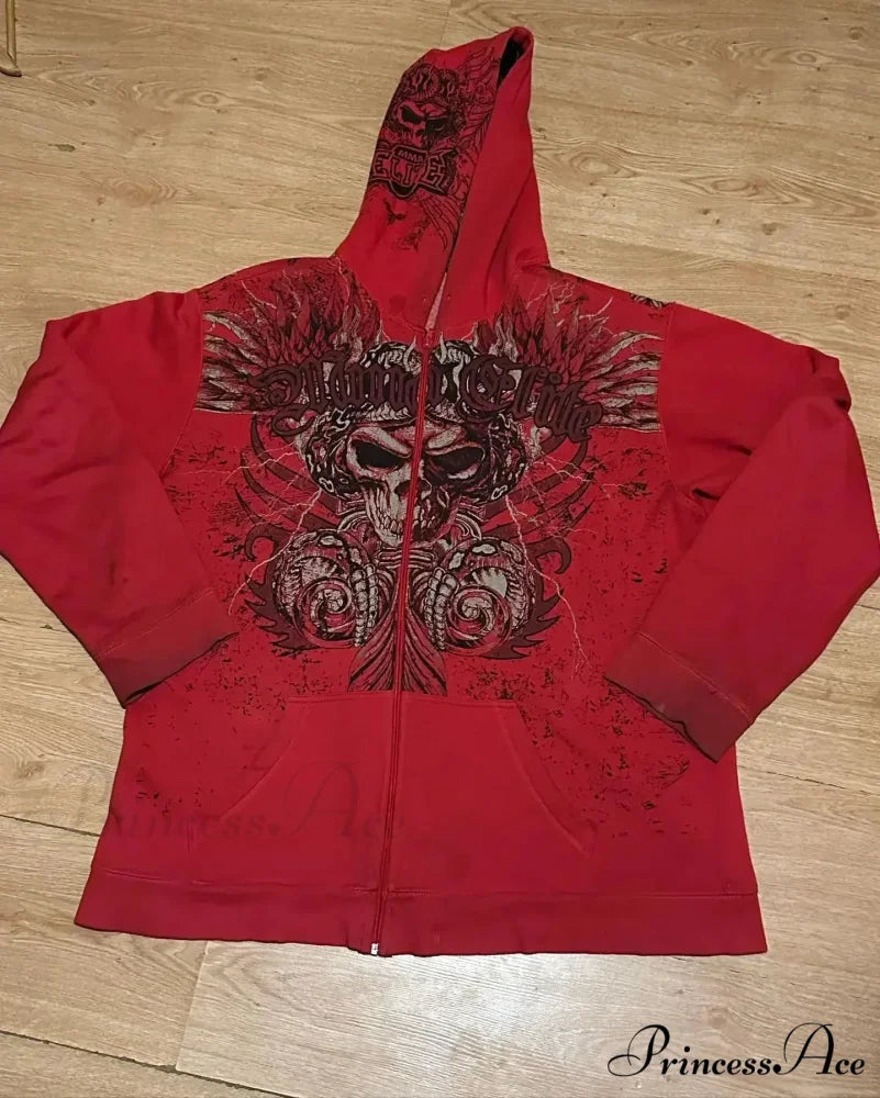 Vintage Patched Letter Zip Hoodie red 3 / M hoodies-241228