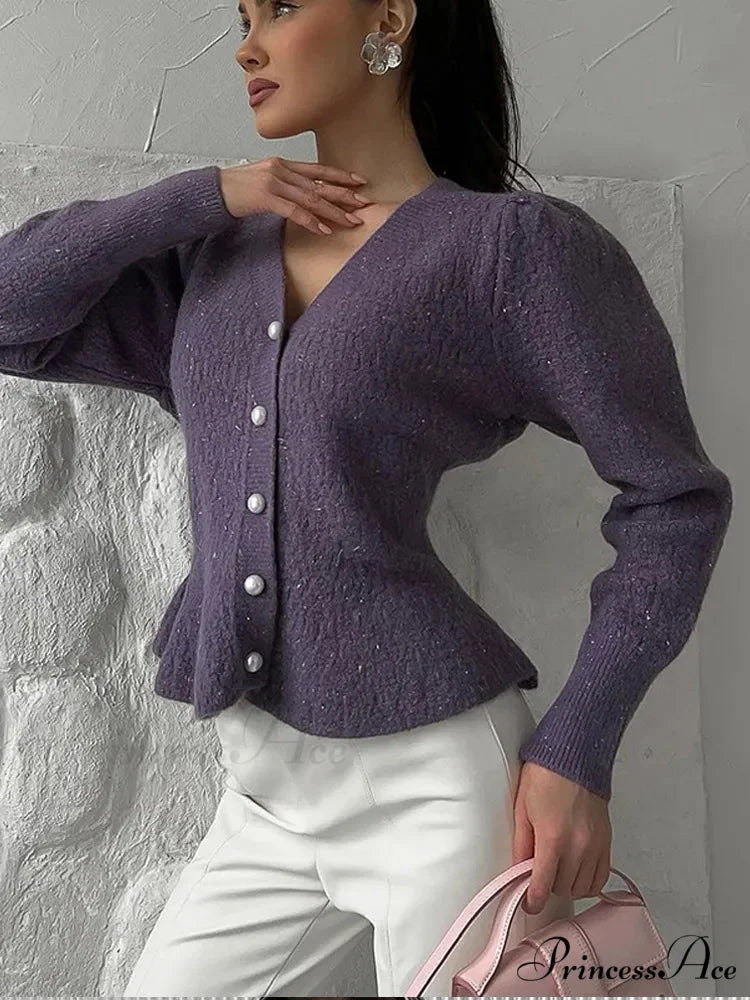 Vintage Pearl Button Slim Fit V-Neck Long Sleeve Christmas Sweater Grey / S
