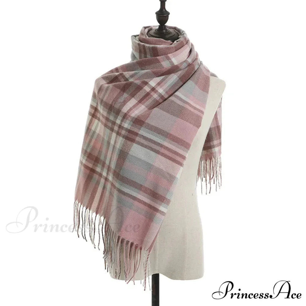 Vintage Plaid Cashmere Knit Tassel Scarf for Women PINK