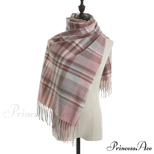 Vintage Plaid Cashmere Knit Tassel Scarf for Women PINK