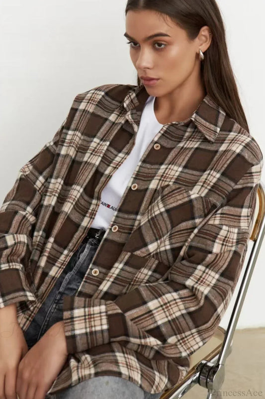 Vintage Plaid Pocket Long Sleeve Collared Blouse