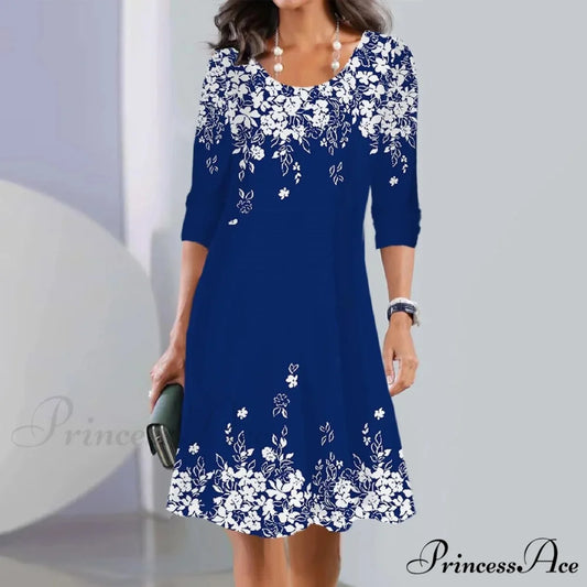 Vintage Polka Dot Print Long Maxi Round Neck Short Sleeve Pockets Loose Casual Summer 2024 Dress Blue / M